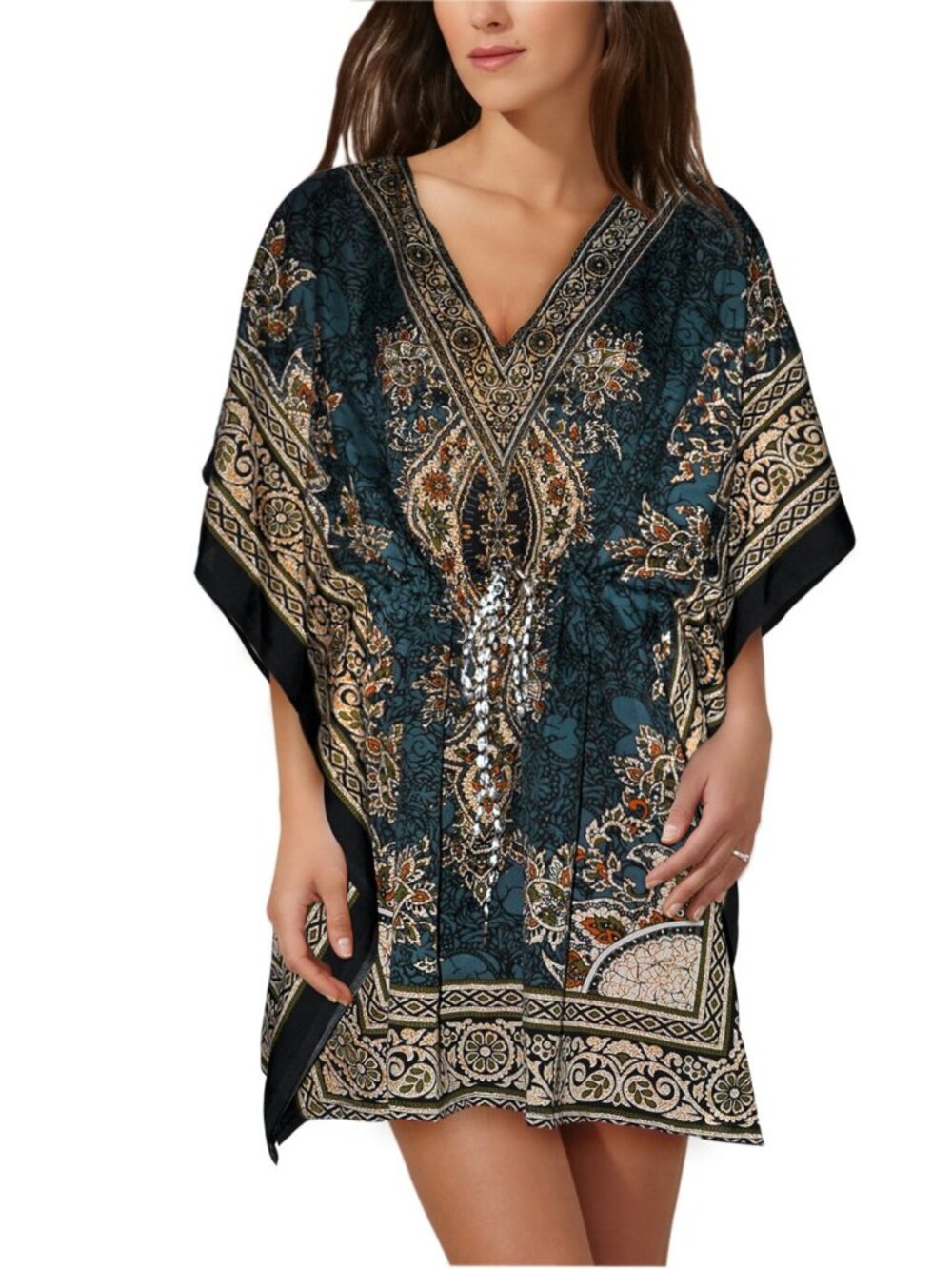 New Blue Knee Length Visocse Paisley Printed Shimmer Kaftan